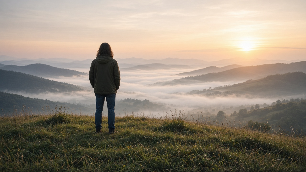 Person standing on a grassy hill at sunrise looking over a misty valley