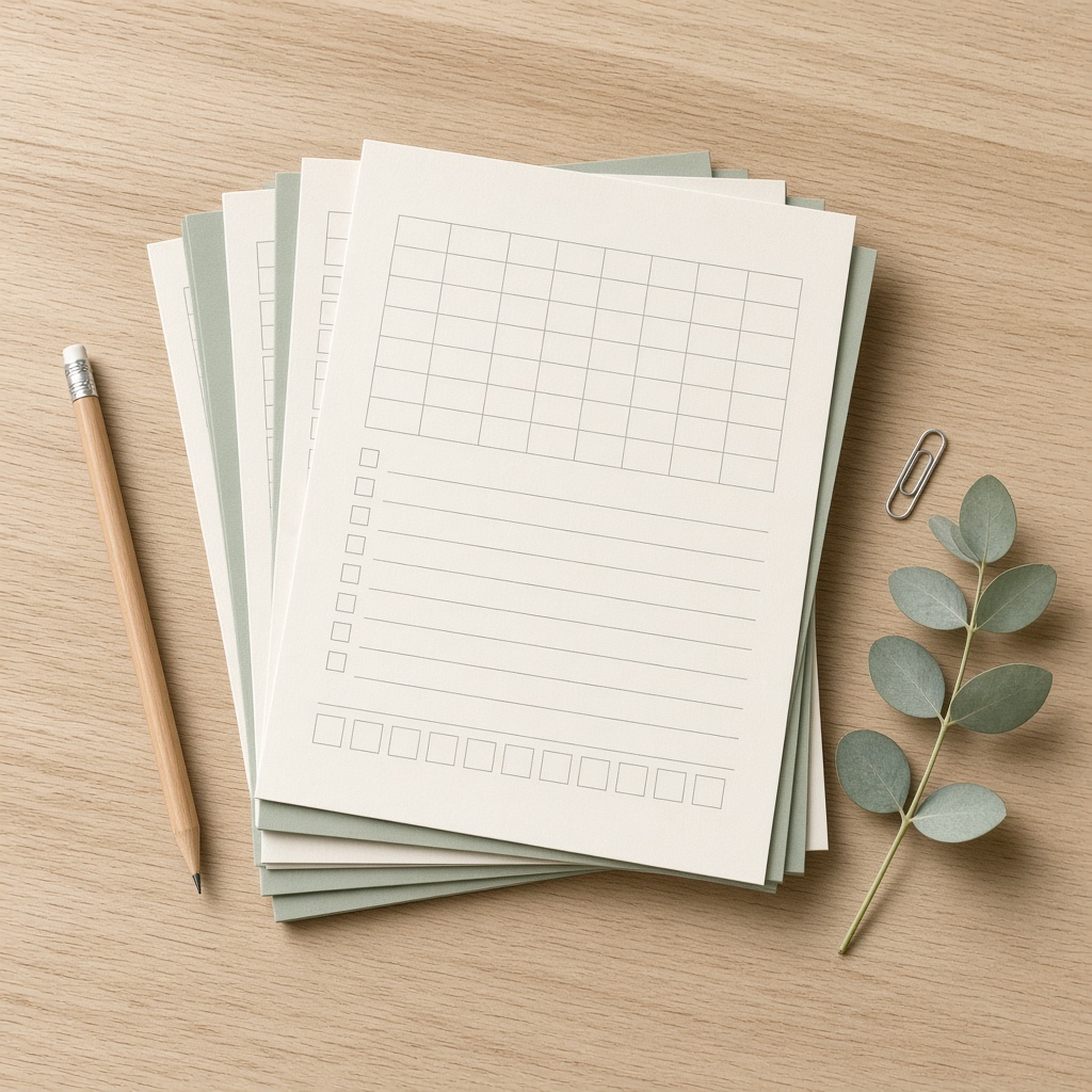 Stack of printable money planner worksheets on a wooden desk with a pencil and eucalyptus