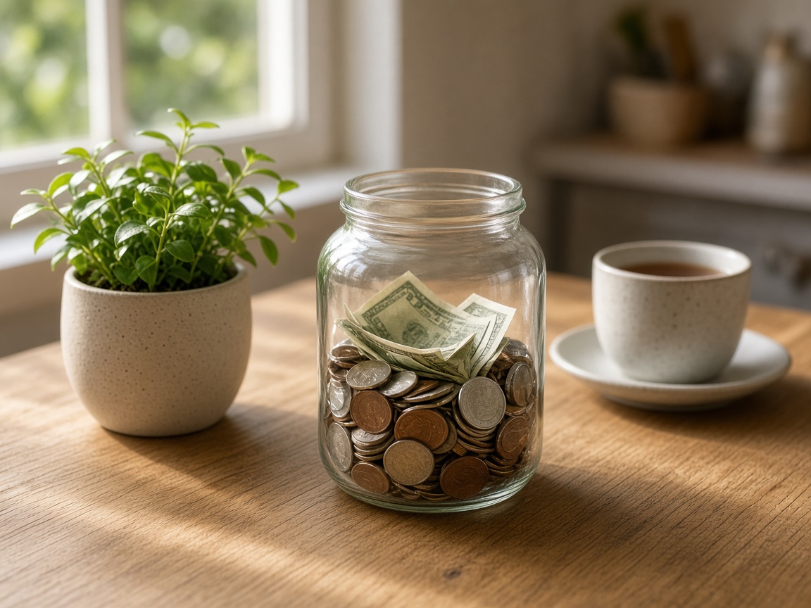 Glass jar filled with coins and folded bills on a wooden table beside a small plant and a cup of tea