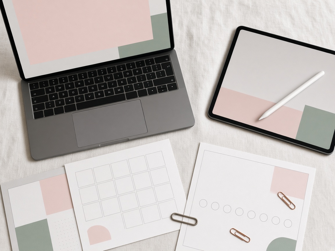 Laptop, tablet with stylus and printed planner pages on a linen desk