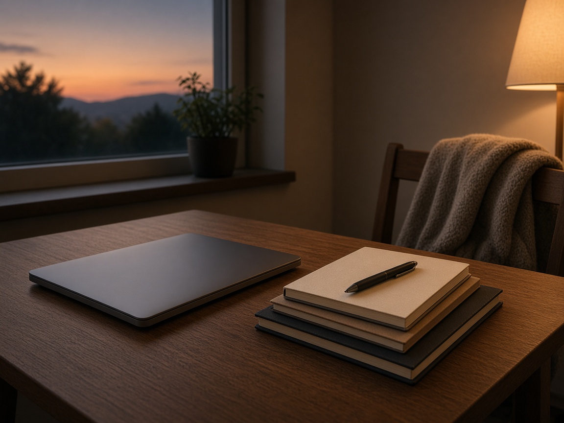 Closed laptop and stacked notebooks on a desk at dusk under a warm lamp
