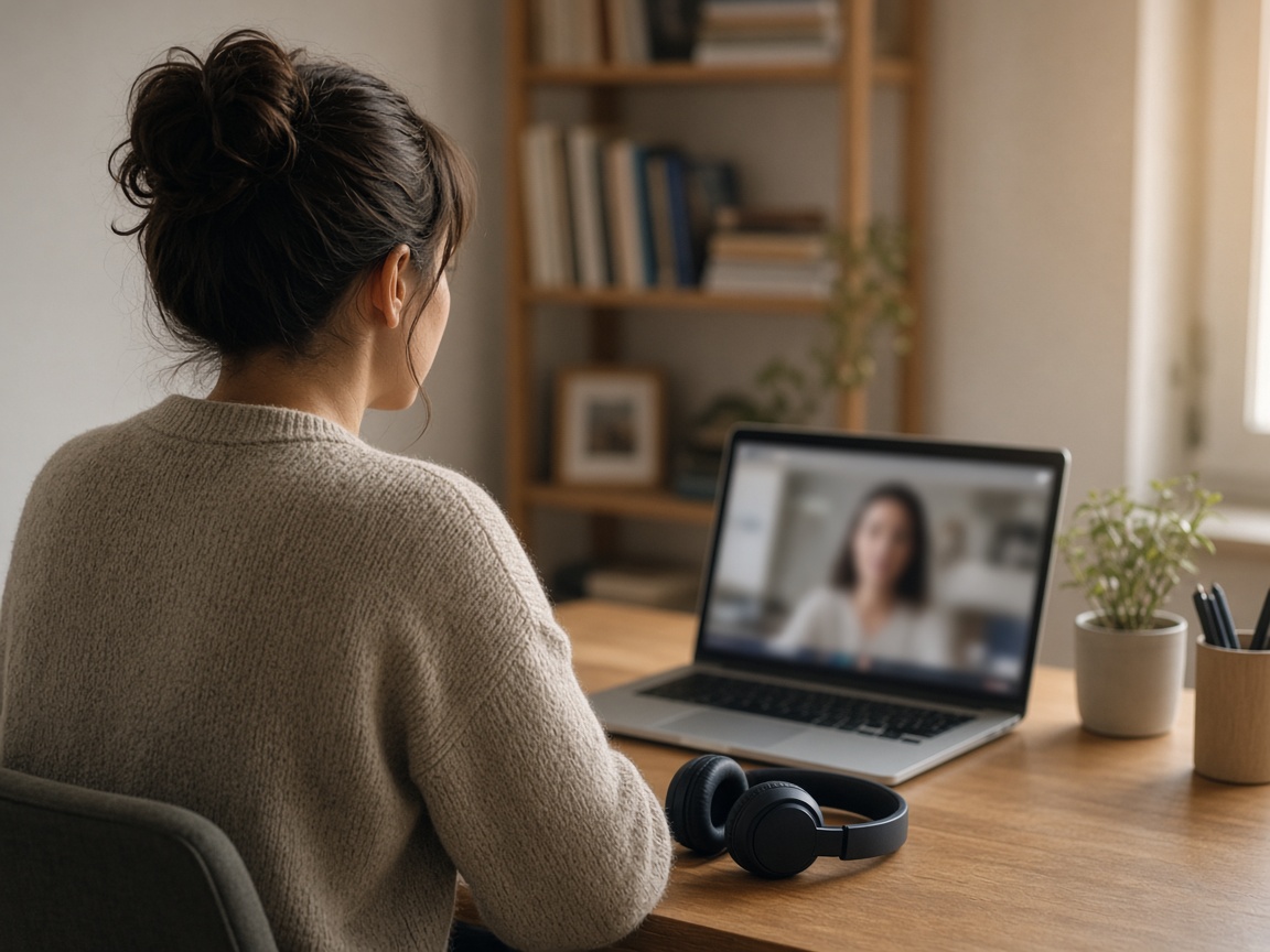 Person in a cozy sweater on a video call at a home desk with headphones and a bookshelf behind