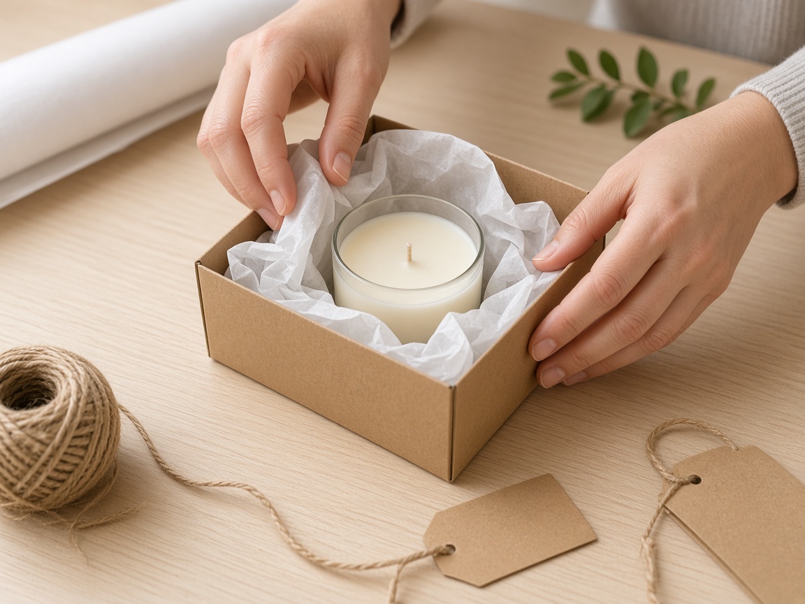 Hands packing a handmade candle into a kraft box with tissue paper, twine and tags