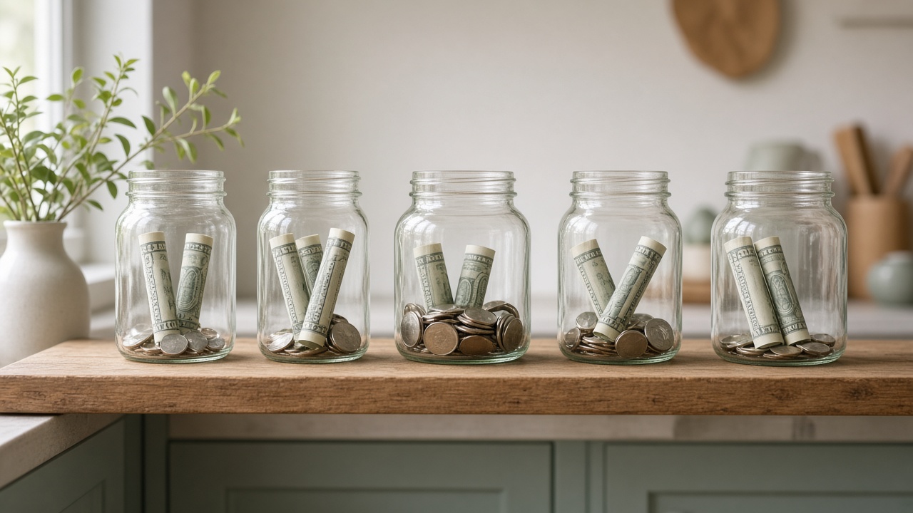 Glass jars holding rolled bills and coins on a wooden kitchen shelf