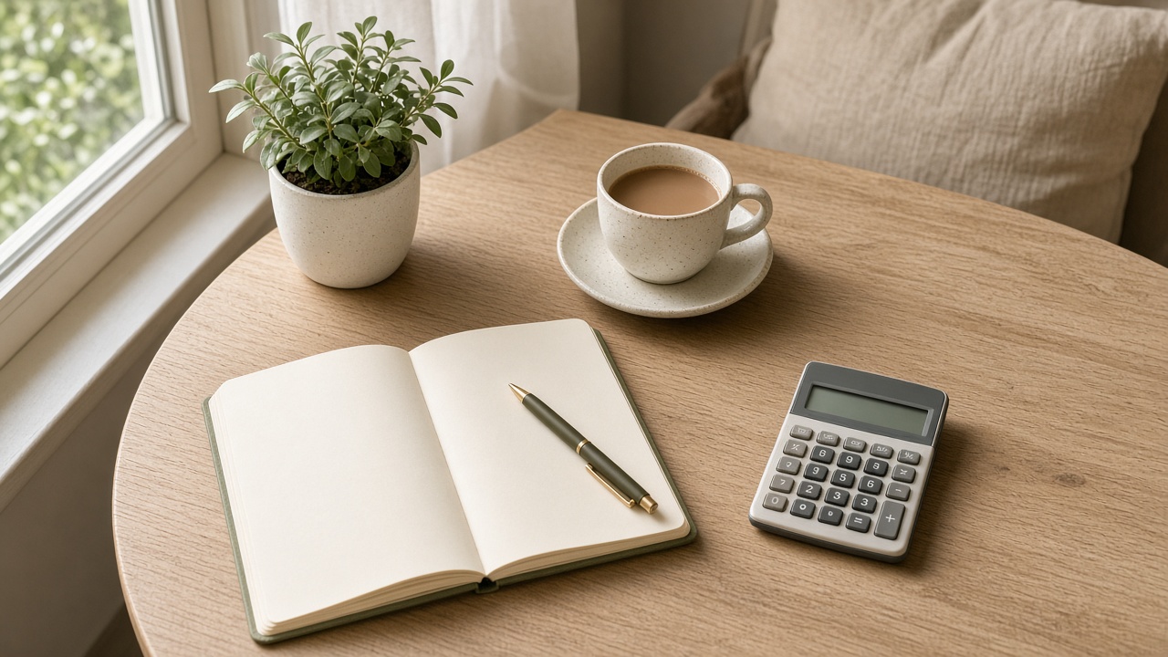 Coffee, open notebook, pen and calculator on a sunny table by a window